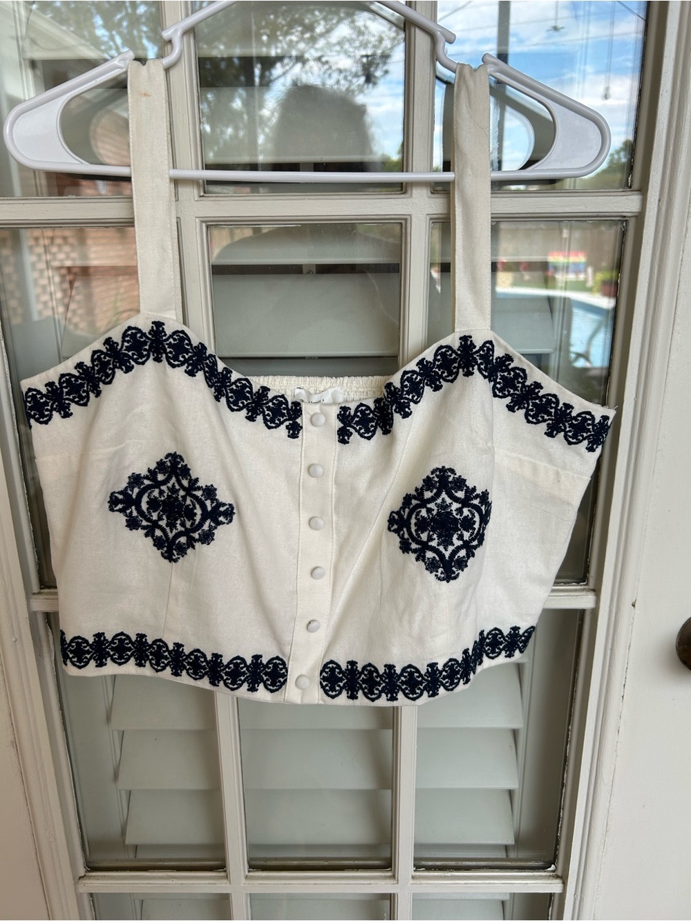 Ivory Crop Tank Top with Navy Embroidered Motifs